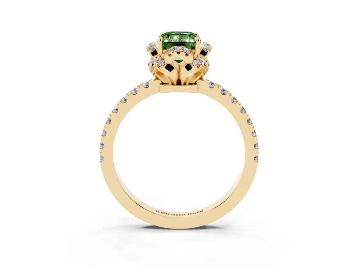 Fancy Green Emerald Cut Halo Diamond Pave Band Ring with Four-Prong Setting Yellow gold
