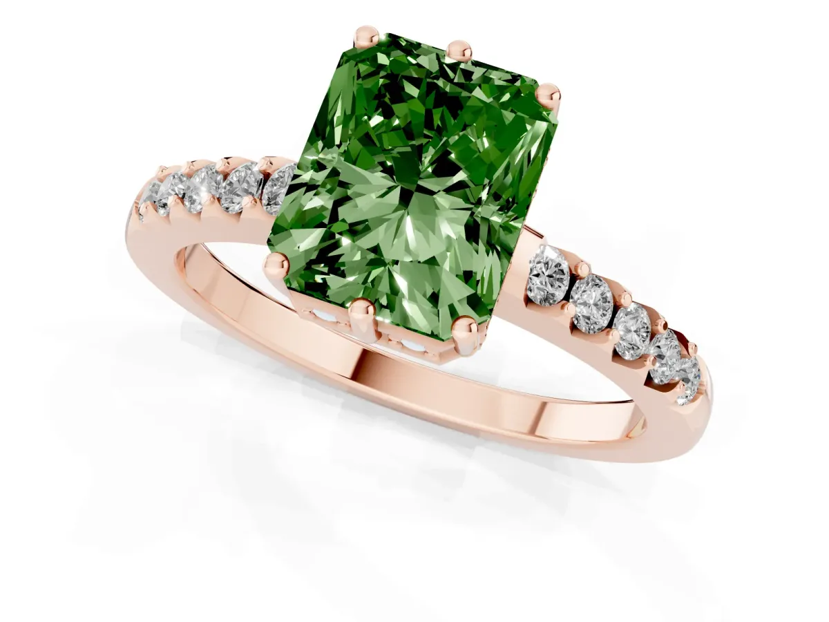 Fancy Green Radiant Cut Solitaire Diamond Engagement Ring with Pavé Band and Six-Prong Setting Rose gold