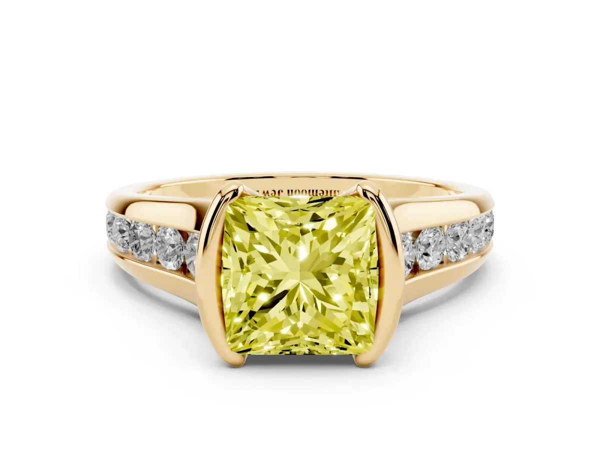 Fancy Yellow Princess Cut Solitaire Bezel-Set Diamond Ring with Channel-Set Band Yellow gold