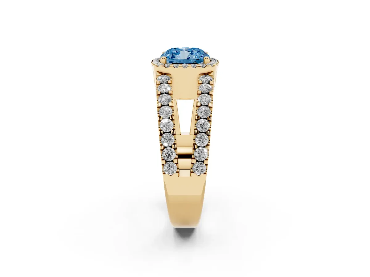 Fancy Blue Cushion Cut Cut Halo Split Shank Diamond Ring with Four-Prong Setting Yellow gold