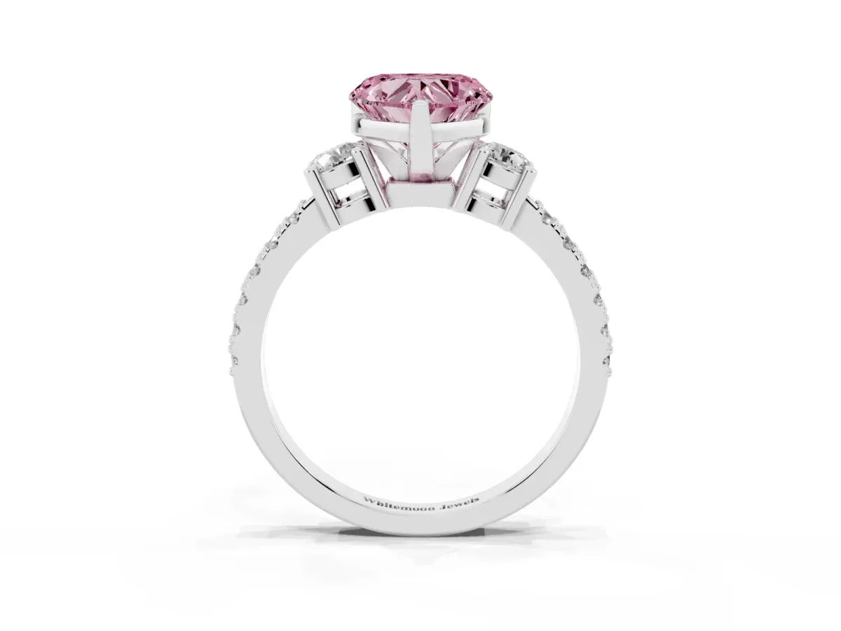Fancy Pink Heart Cut Three-Stone Diamond Pavé Band with Prong Setting Platinum