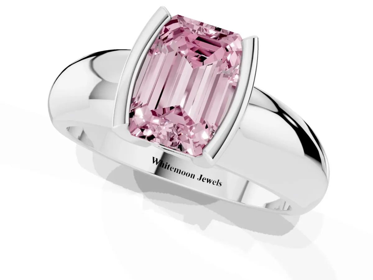 Fancy Pink Emerald Cut Solitaire Tension Set Diamond Ring with Wide Band White gold