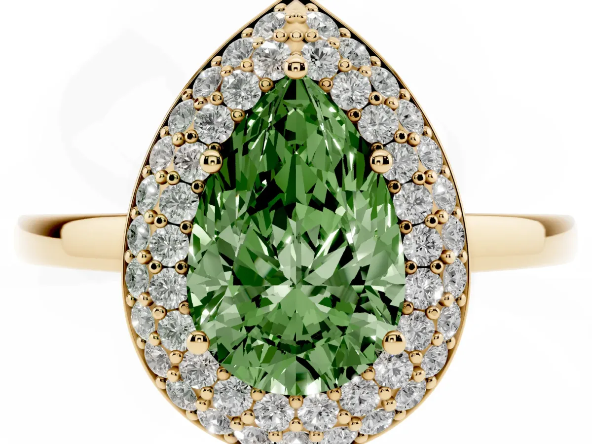 Fancy Green Pear Cut Halo Diamond Engagement Ring with Solitaire Band and Four-Prong Setting Yellow gold