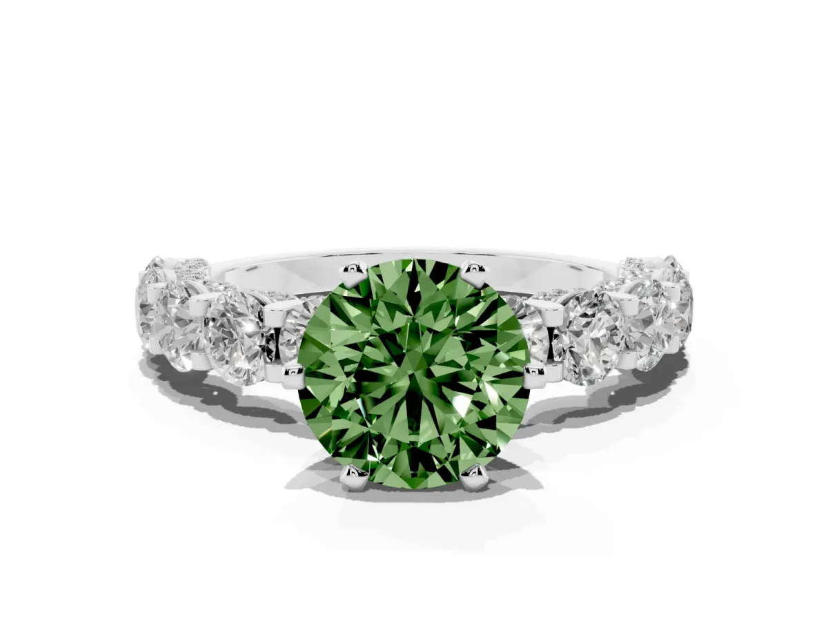 Fancy Green Round Cut Diamond Side Stone Engagement Ring with Four-Prong Setting Platinum