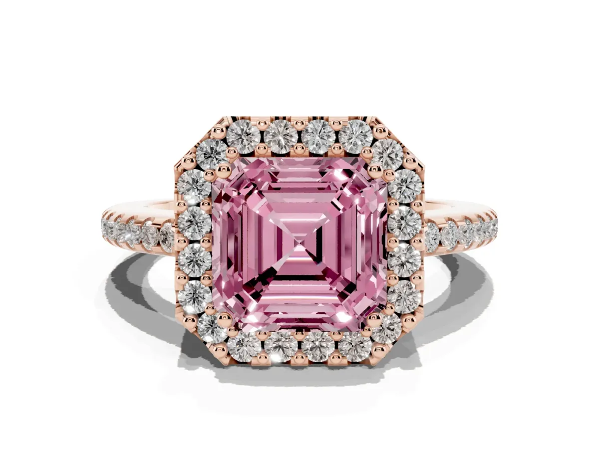 Fancy Pink Asscher Cut Diamond Pavé Halo Ring with Four-Prong Setting Rose gold