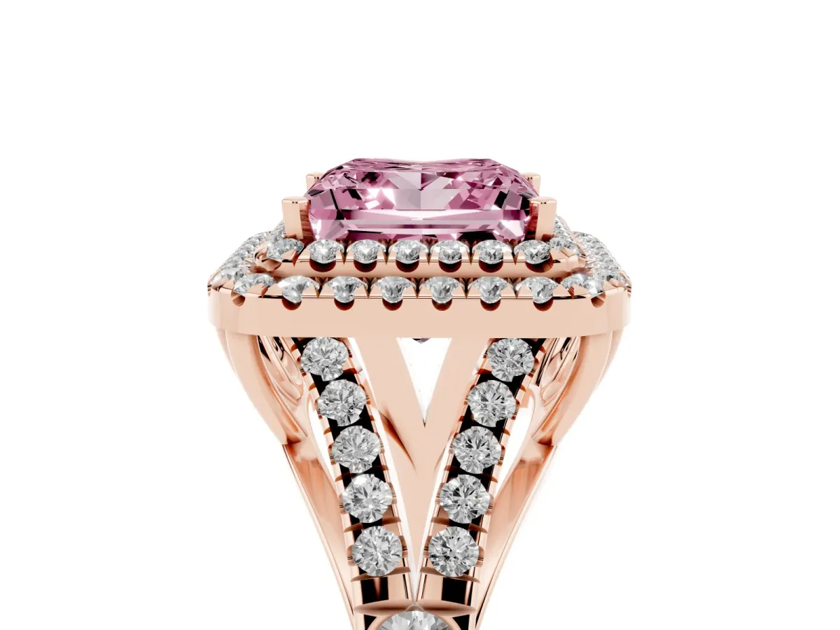Fancy Pink Princess Cut Diamond Double Halo Ring with Split Shank and Prong Setting Rose gold