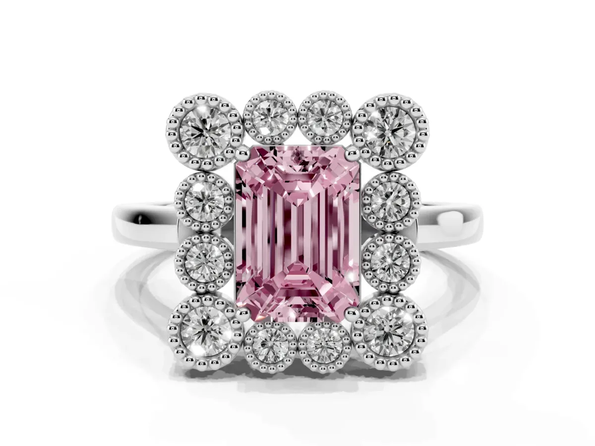 Fancy Pink Emerald Cut Halo Diamond Cluster Engagement Ring with Milgrain Bezel Setting and Solitaire Band Platinum