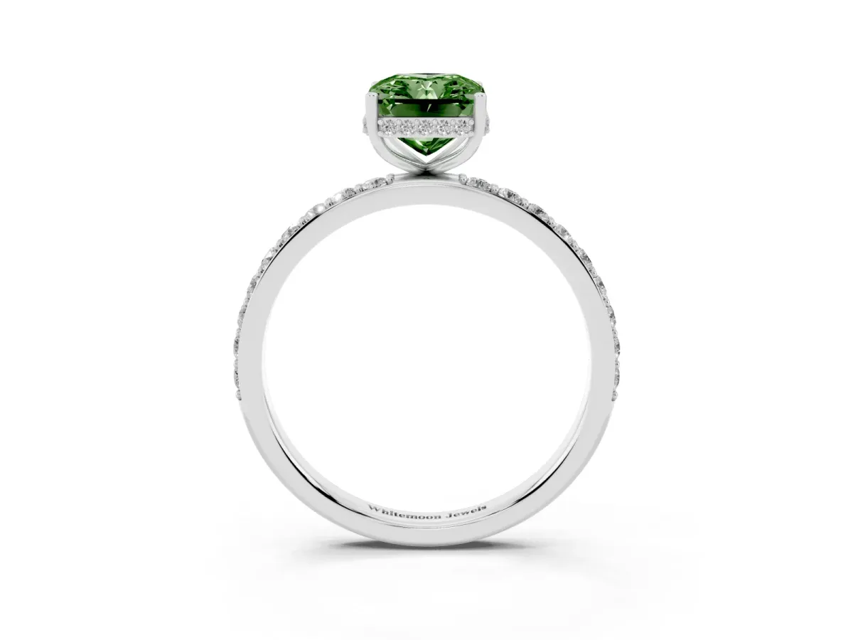 Fancy Green Radiant Cut Diamond Solitaire Ring with Pavé Band and Hidden Halo White gold