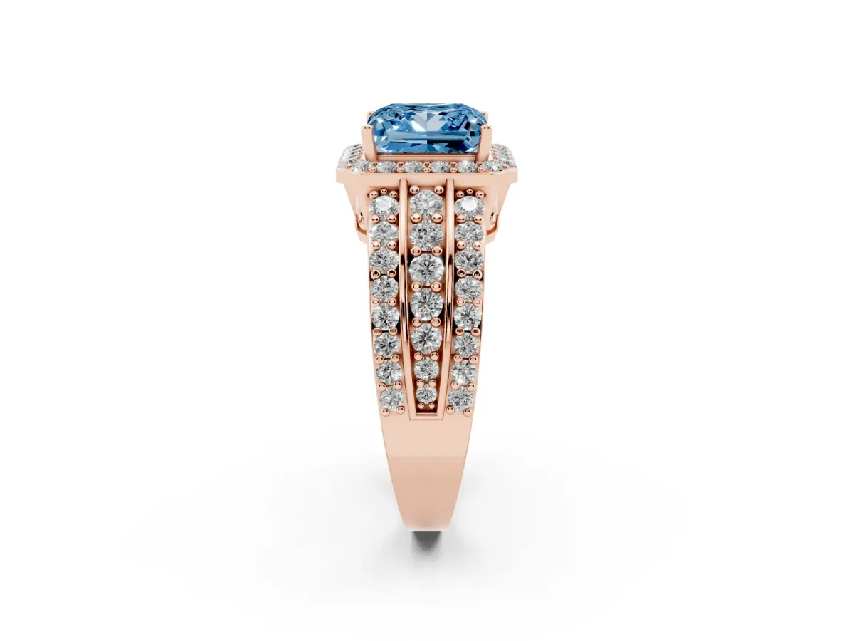 Fancy Blue Princess Cut Halo Diamond Ring with Round Split Shank and Prong Setting Rose gold