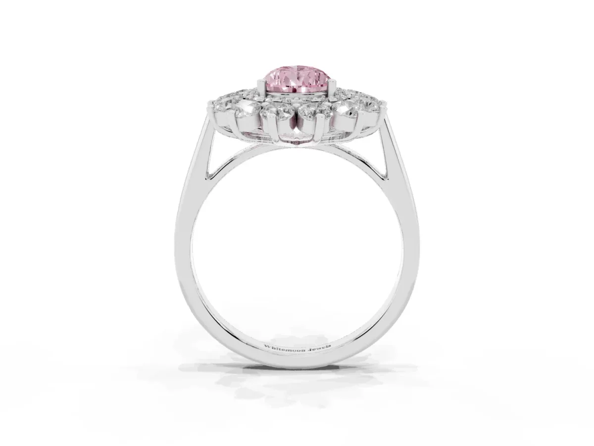 Fancy Pink Pear Cut Diamond Floral Double Halo Engagement Ring with Prong Setting Platinum