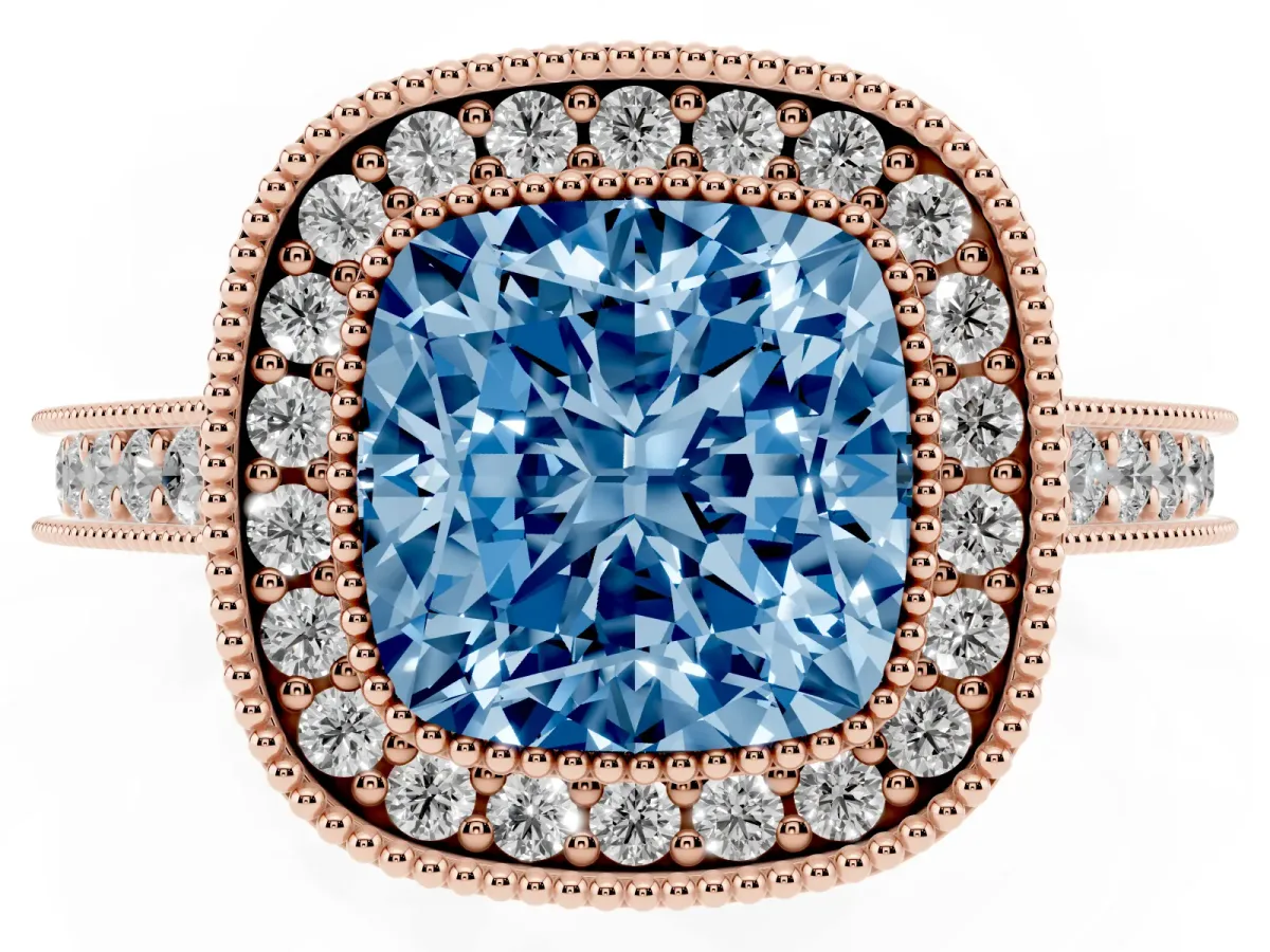 Fancy Blue Halo Cushion Cut-Cut Diamond Pave Band Milgrain Prong Setting Ring Rose gold