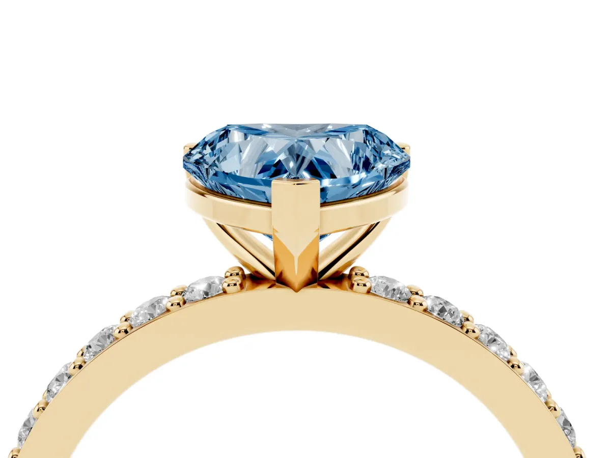 Fancy Blue Heart Cut Cut Diamond Solitaire with Pave Band and Four-Prong Setting Yellow gold