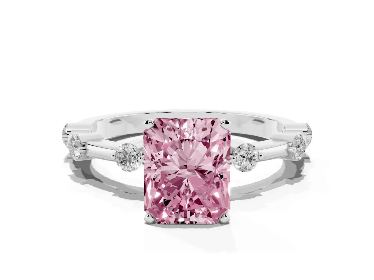 Fancy Pink Radiant Cut Solitaire Diamond Ring with Bezel Set Side Stones and Prong Setting Silver