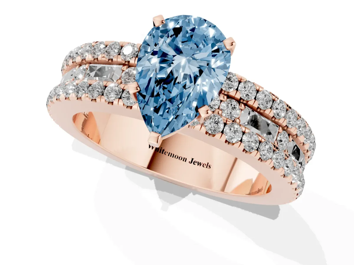 Fancy Blue Pear Cut Diamond Solitaire Ring with Pavé and Channel Set Band Rose gold