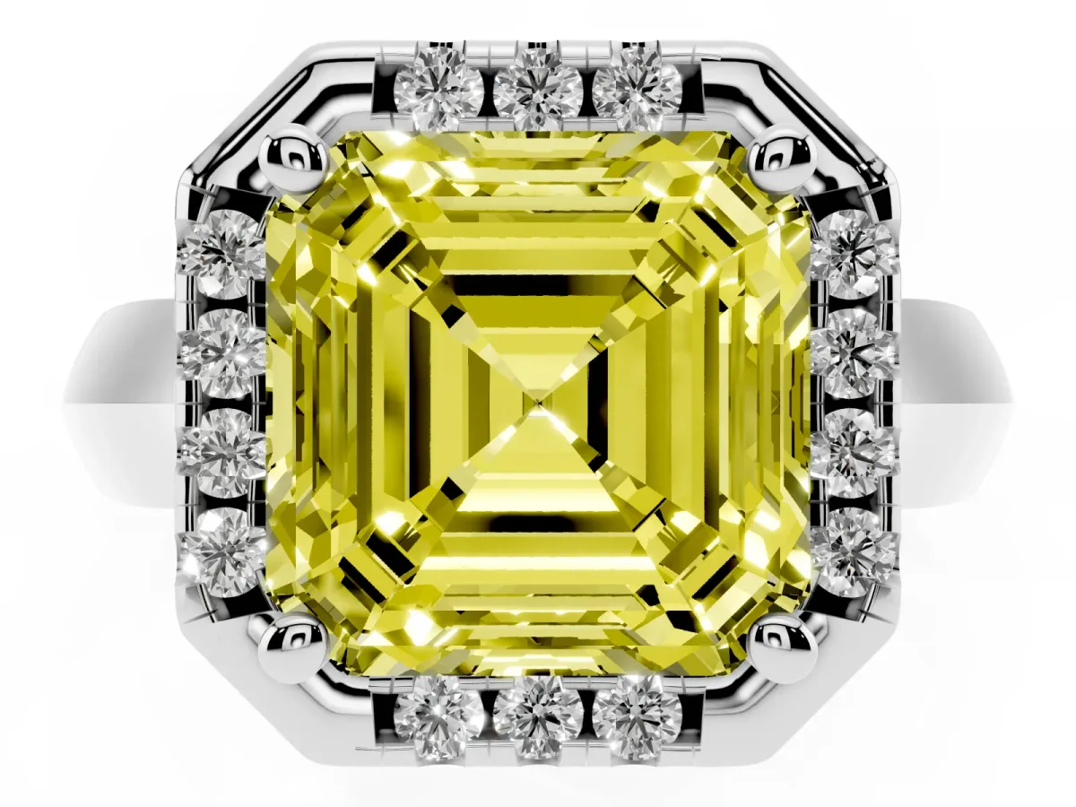 Fancy Yellow Asscher Cut Cut Halo Solitaire Engagement Ring with Square Band and Four-Prong Setting Platinum