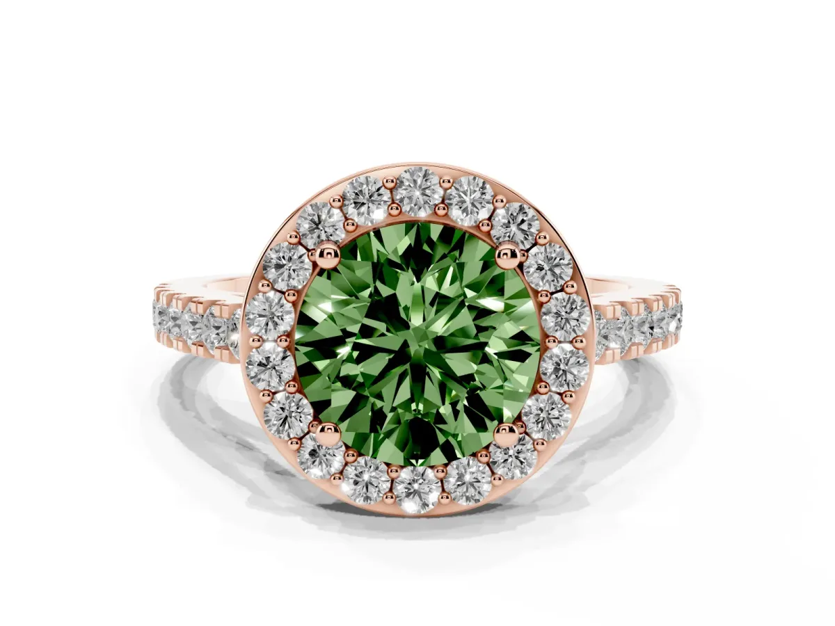 Fancy Green Round Cut Diamond Halo Ring with Round Pavé Split Shank and Prong Setting Rose gold