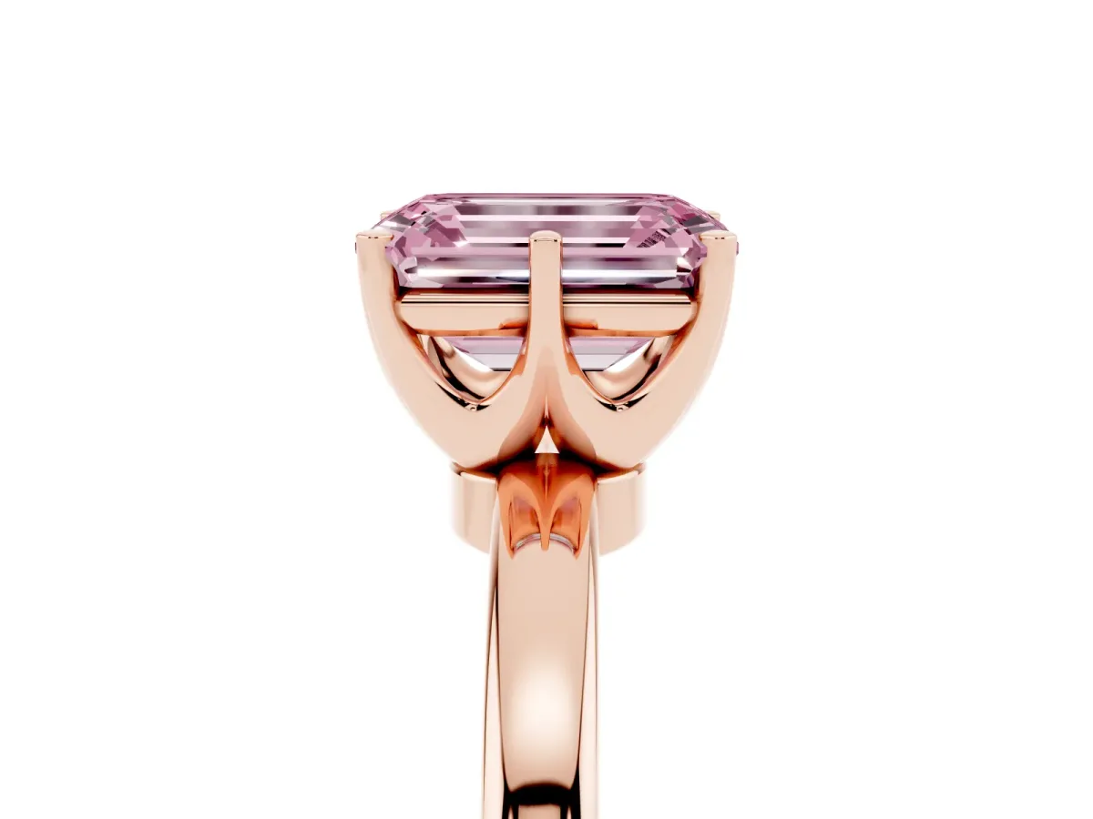 Fancy Pink Emerald Cut Solitaire Diamond Ring with Six-Prong Setting on a Classic Band Rose gold