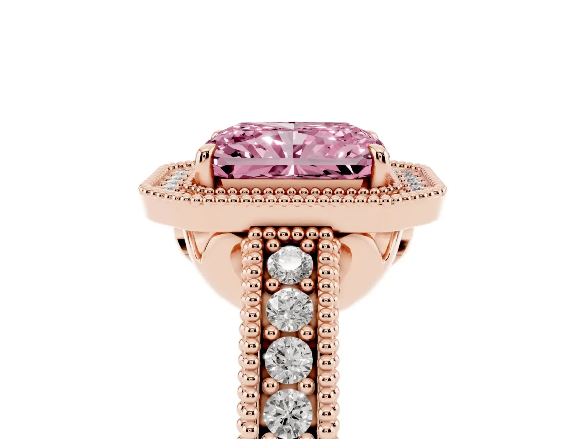 Fancy Pink Radiant Cut Cut Halo Diamond Ring with Pavé Band and Four-Prong Setting Rose gold