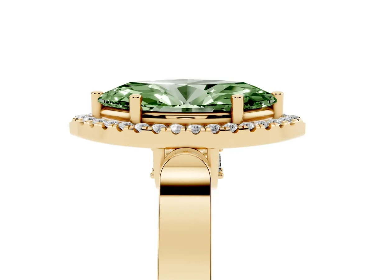 Fancy Green Marquise Cut Halo Round Diamond Twist Band with Four-Prong Setting Yellow gold