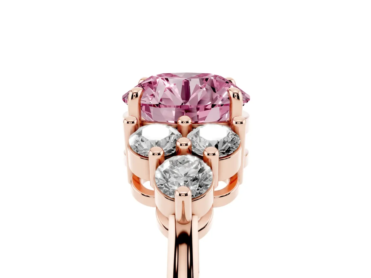 Fancy Pink Round Cut Brilliant Diamond Cluster Accent Solitaire Ring with Prong Setting Rose gold