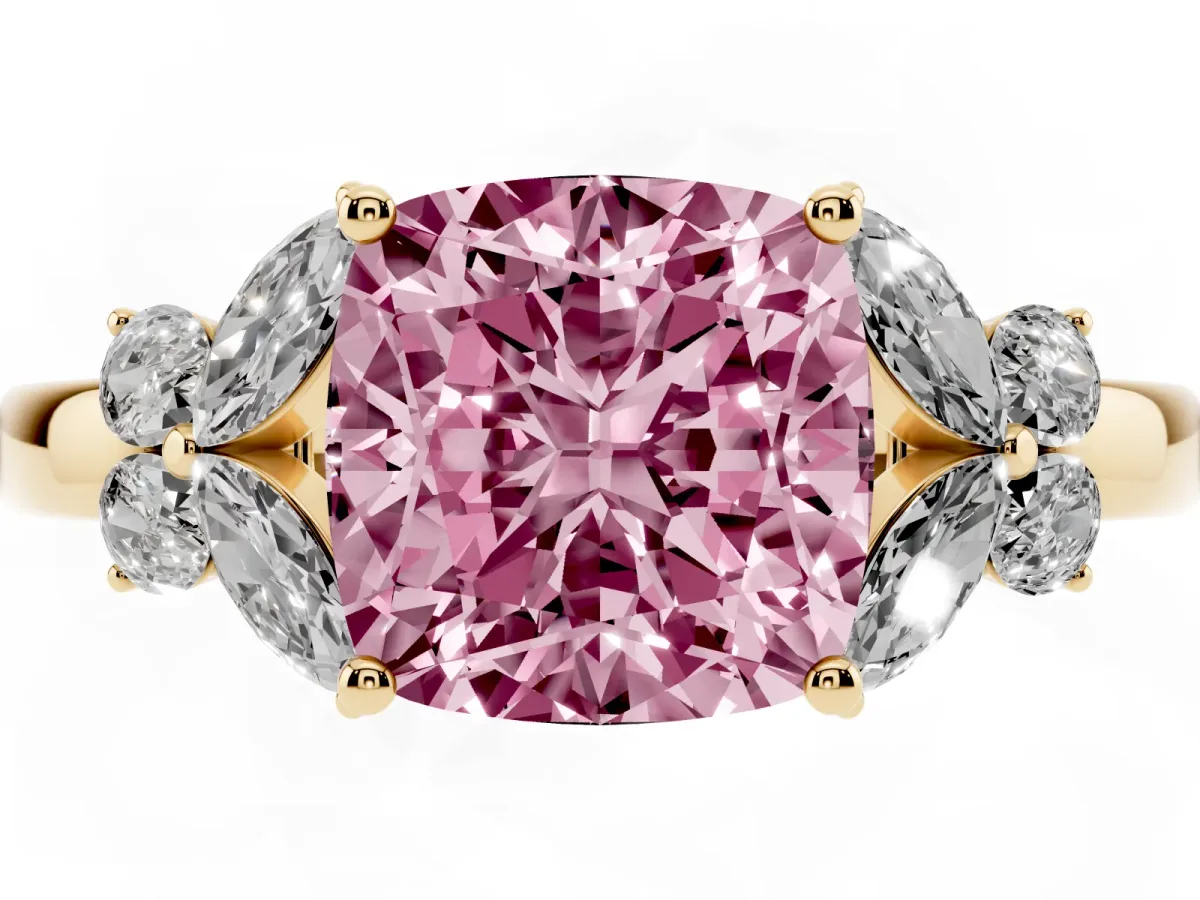 Fancy Pink Cushion Cut Cut Solitaire Floral Diamond Ring with Four-Prong Setting Yellow gold