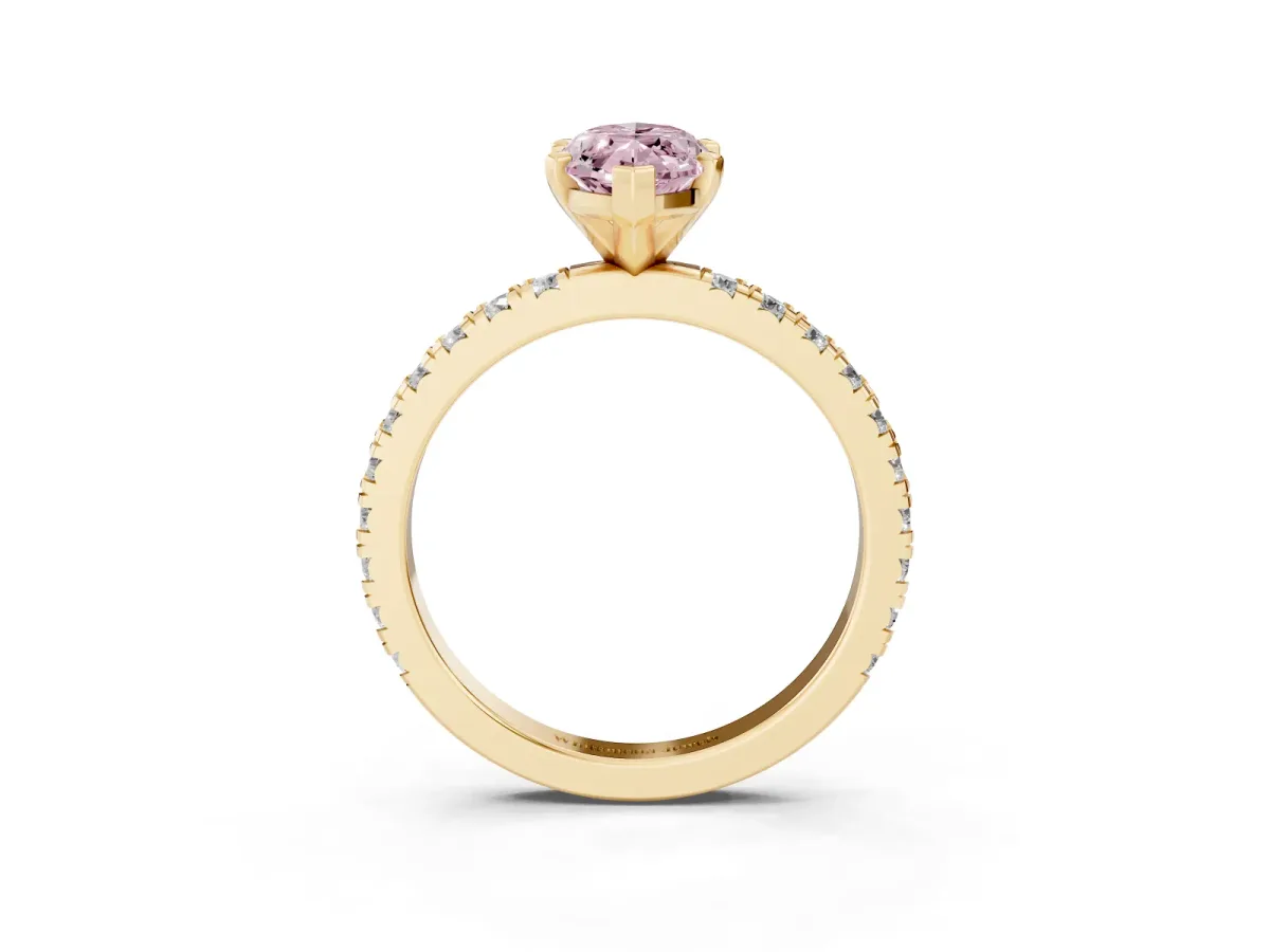 Fancy Pink Marquise Cut Diamond Pavé Band Solitaire with Four-Prong Setting Yellow gold