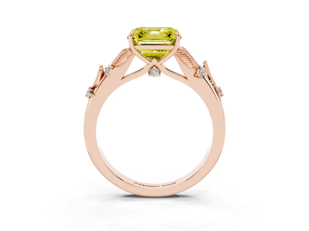 Fancy Yellow Asscher Cut Diamond Solitaire Ring with Leaf Motif Band and Four-Prong Setting Rose gold