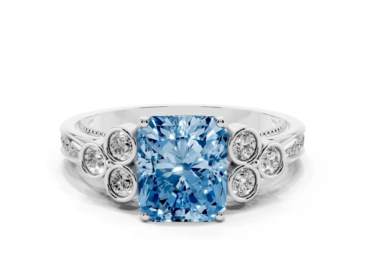 Fancy Blue Radiant Cut Cut Diamond Engagement Ring with Bezel Set Round Side Stones and Prong Setting Platinum