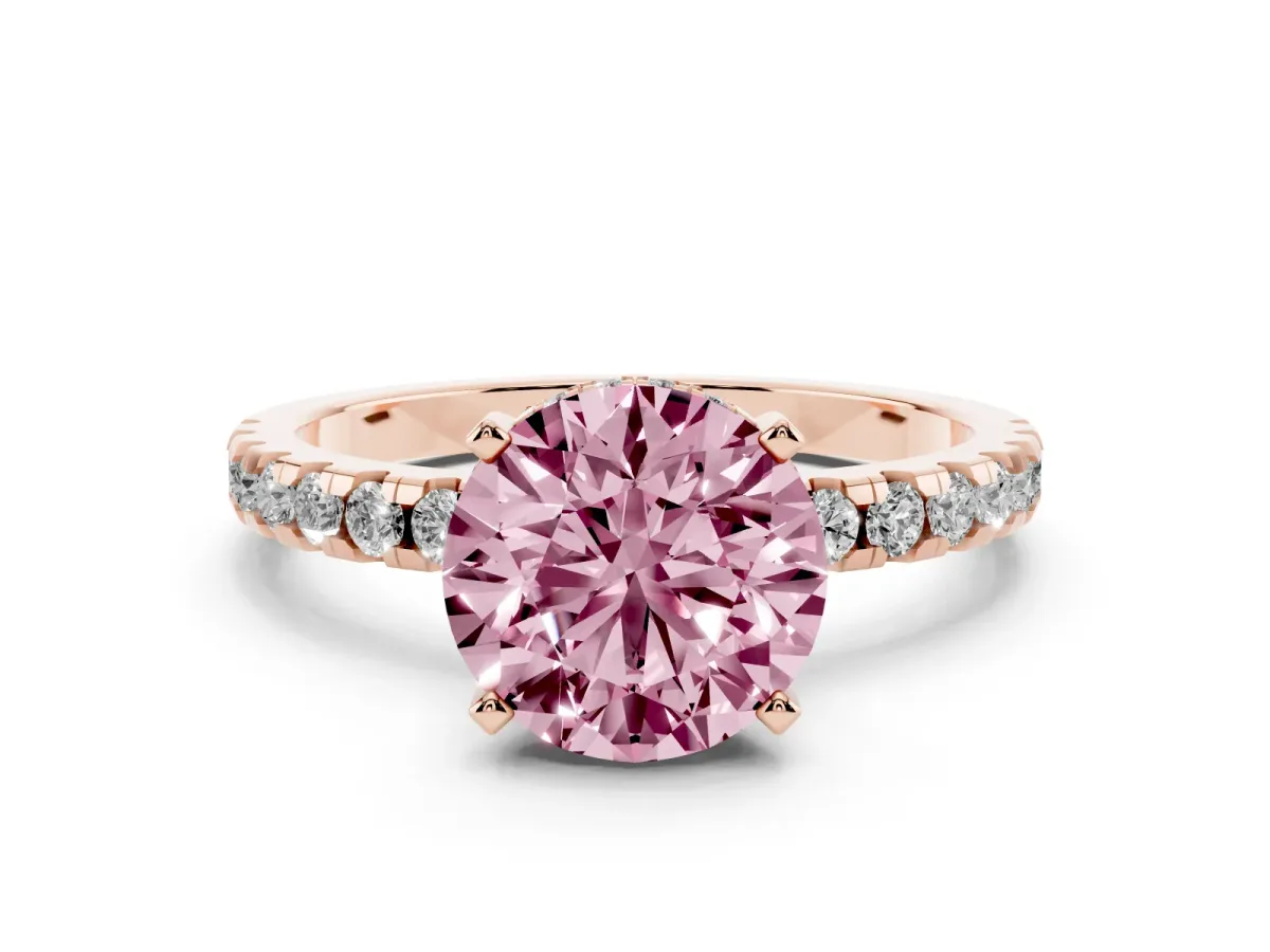 Fancy Pink Round Cut Diamond Solitaire Ring with Round Pavé Band and Four-Prong Setting Rose gold