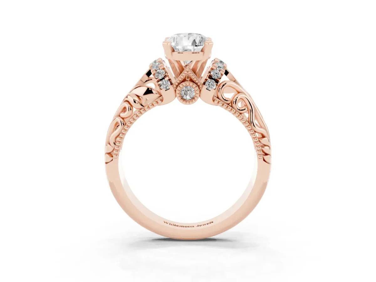 Pear Cut Solitaire Filigree Engagement Ring with Halo and Prong Setting Rose gold