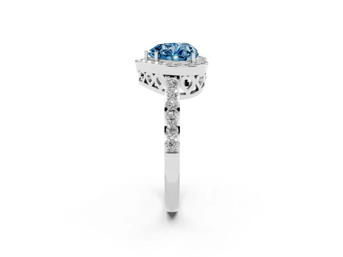 Fancy Blue Heart Cut Halo Diamond Pavé Band Ring with Prong Setting Silver
