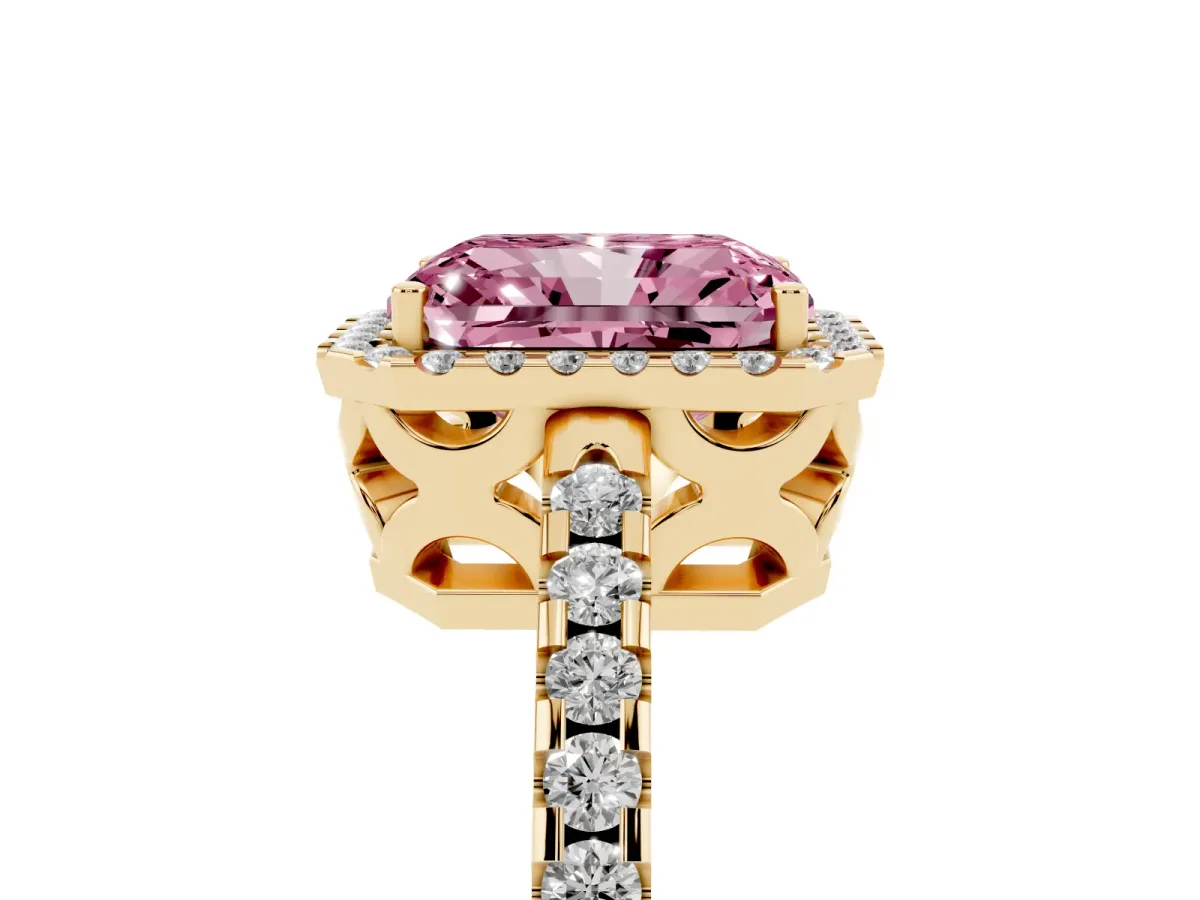 Fancy Pink Radiant Cut Diamond Halo Engagement Ring with Pavé Band and Prong Setting Yellow gold