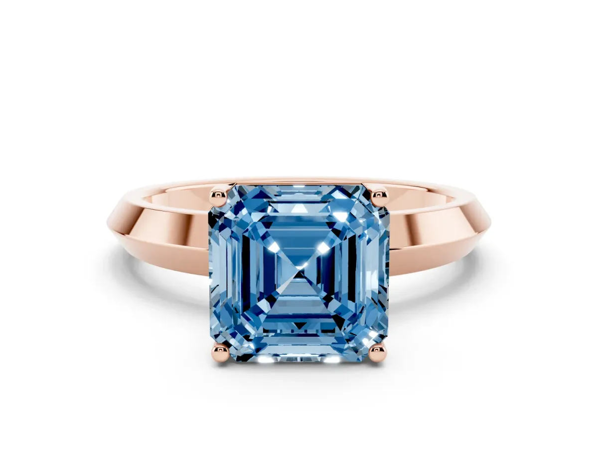 Fancy Blue Asscher Cut Cut Solitaire Engagement Ring with Flat Band and Four-Prong Setting Rose gold