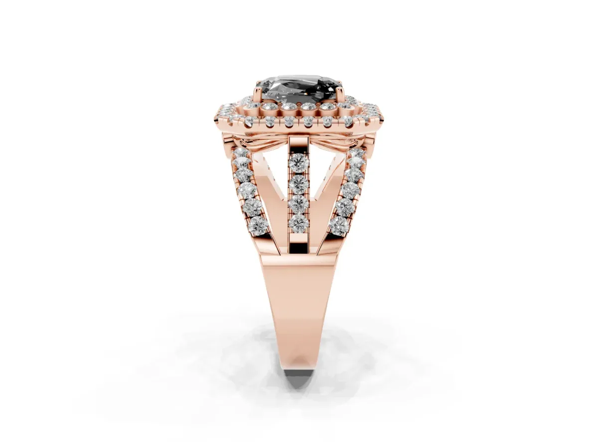 Fancy Black Emerald Cut Diamond Double Halo Ring with Round Pavé Split Shank and Prong Setting Rose gold