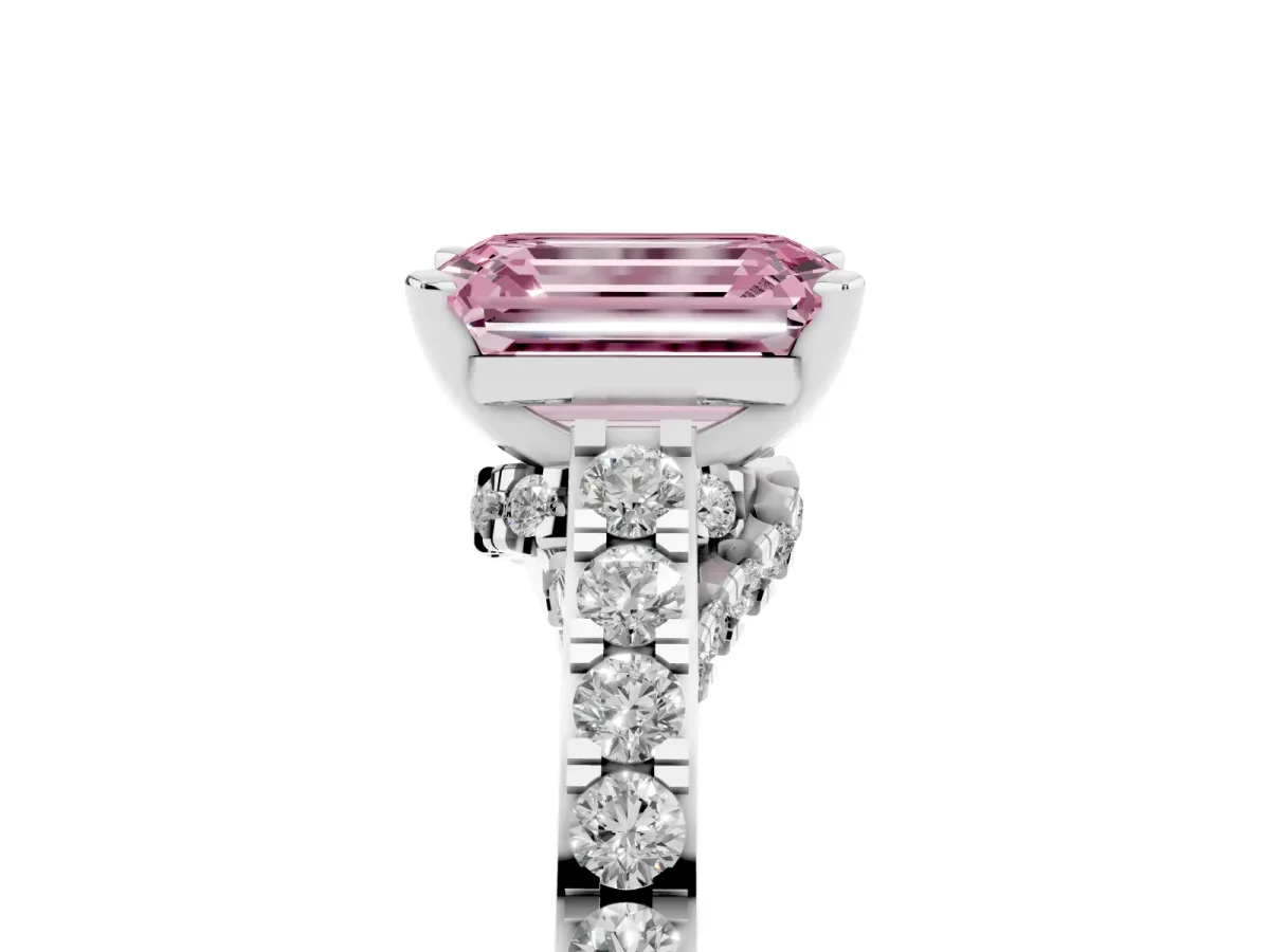 Fancy Pink Emerald Cut Diamond Solitaire Ring with Crossover Gallery and Round Pavé Band Platinum