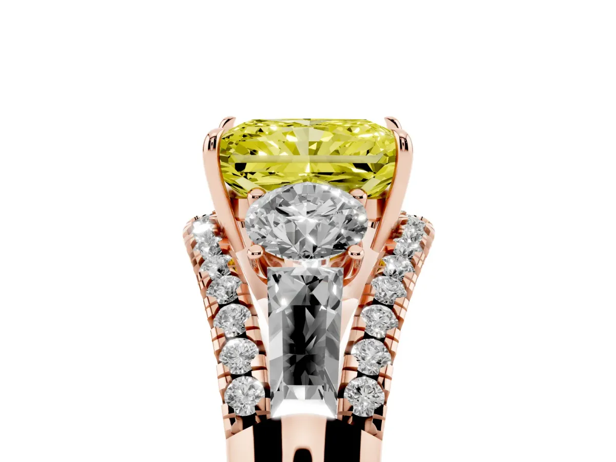 Fancy Yellow Three-Stone Radiant Cut Diamond Engagement Ring with Pave Band and Prong Setting Rose gold