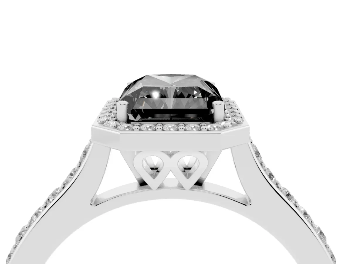 Fancy Black Radiant Cut Diamond Halo Engagement Ring with Round Pavé Shoulders and Prong Setting Platinum