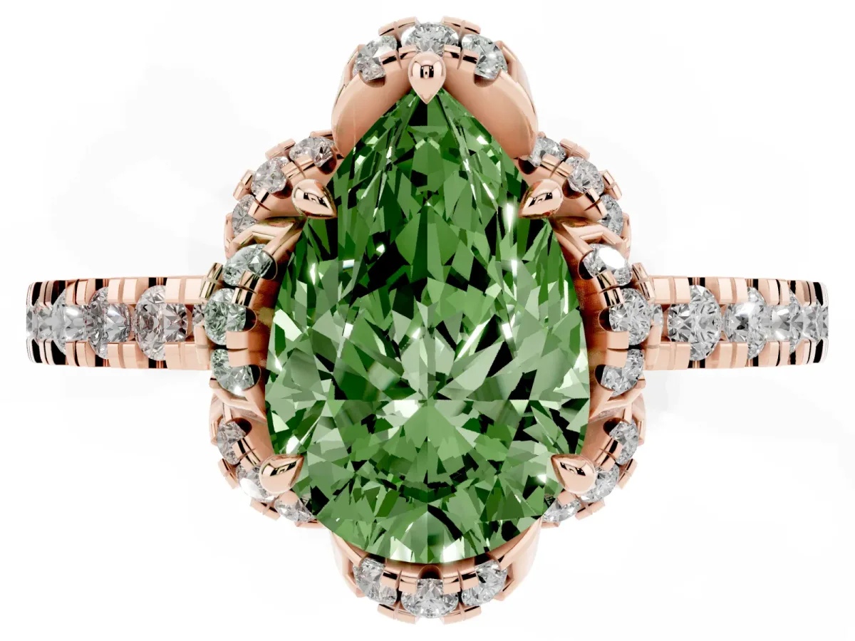 Fancy Green Pear Cut Diamond Halo Pave Band with Four-Prong Setting Rose gold
