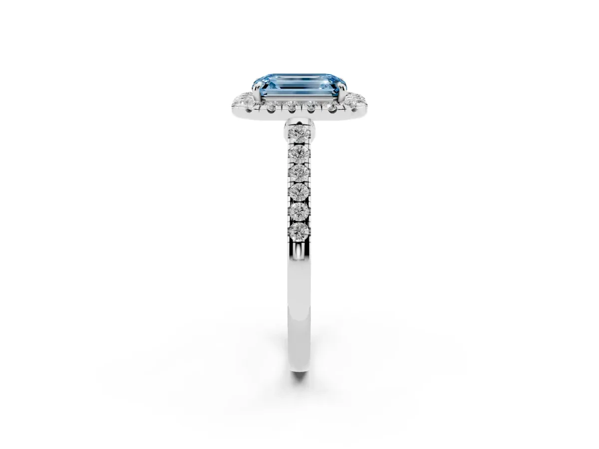 Fancy Blue Emerald Cut Halo Pave Diamond Engagement Ring with Four-Prong Setting Platinum