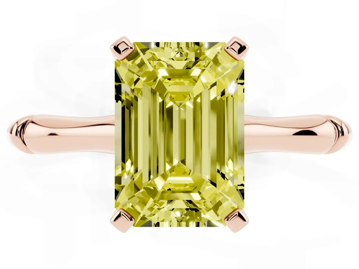 Fancy Yellow Emerald Cut Solitaire Diamond Ring with Bamboo Band and Four-Prong Setting Rose gold