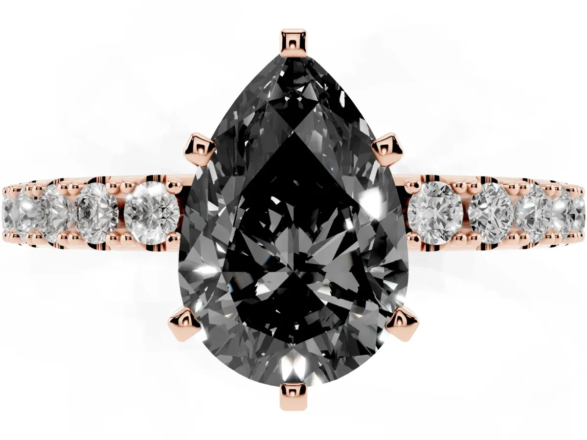 Fancy Black Pear Cut Diamond Solitaire Pavé Band with Four-Prong Setting Rose gold