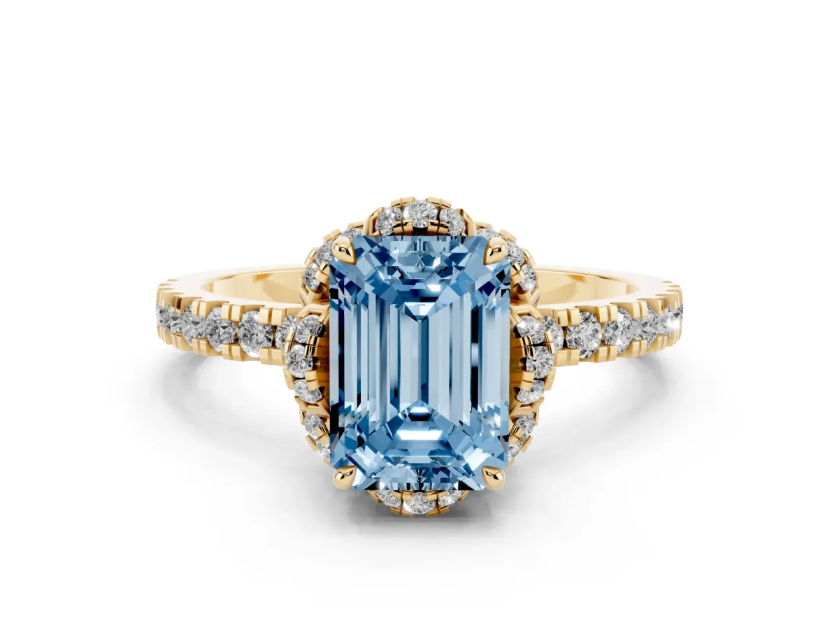 Fancy Blue Emerald Cut Diamond Halo Pave Band with Four-Prong Setting Yellow gold