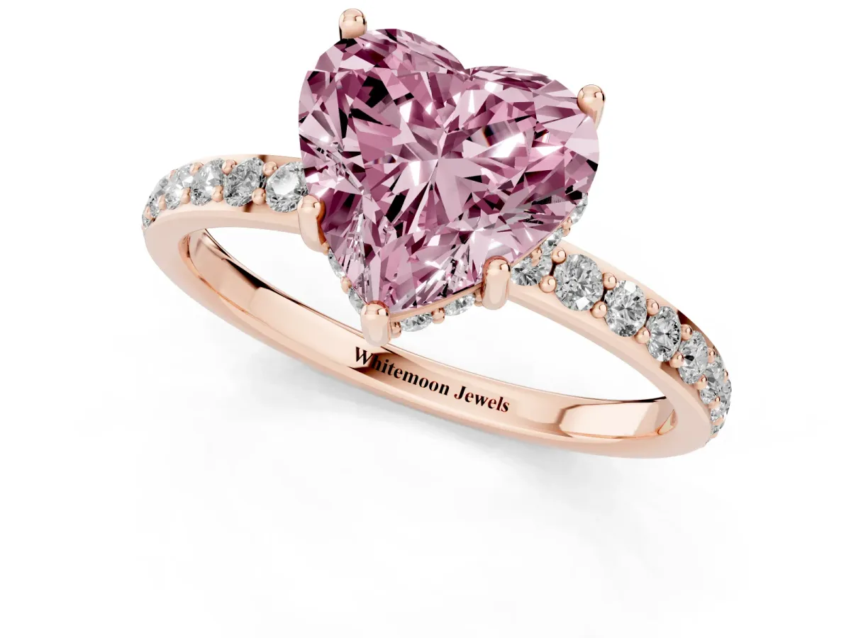 Fancy Pink Heart Cut Diamond Solitaire Ring with Pavé Band and Hidden Halo Rose gold