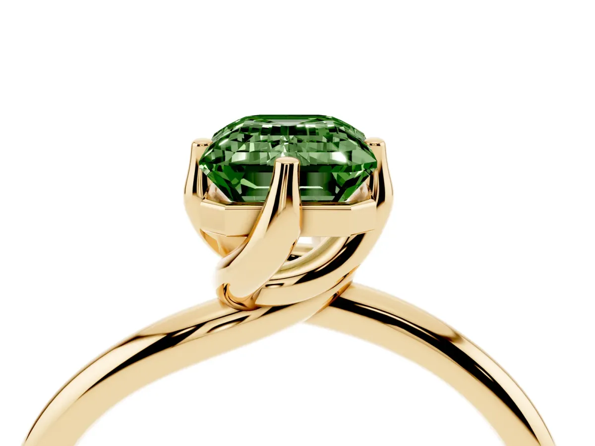 Fancy Green Emerald Cut Diamond Solitaire Engagement Ring with Four-Prong Setting and Classic Band Yellow gold