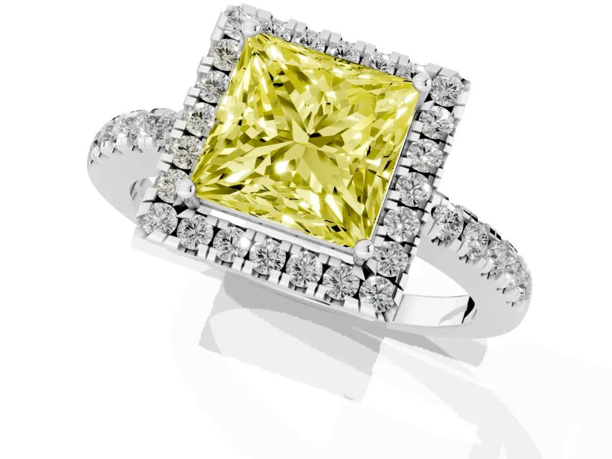 Fancy Yellow Princess Cut Halo Diamond Engagement Ring with Pavé Band and Four-Prong Setting Silver