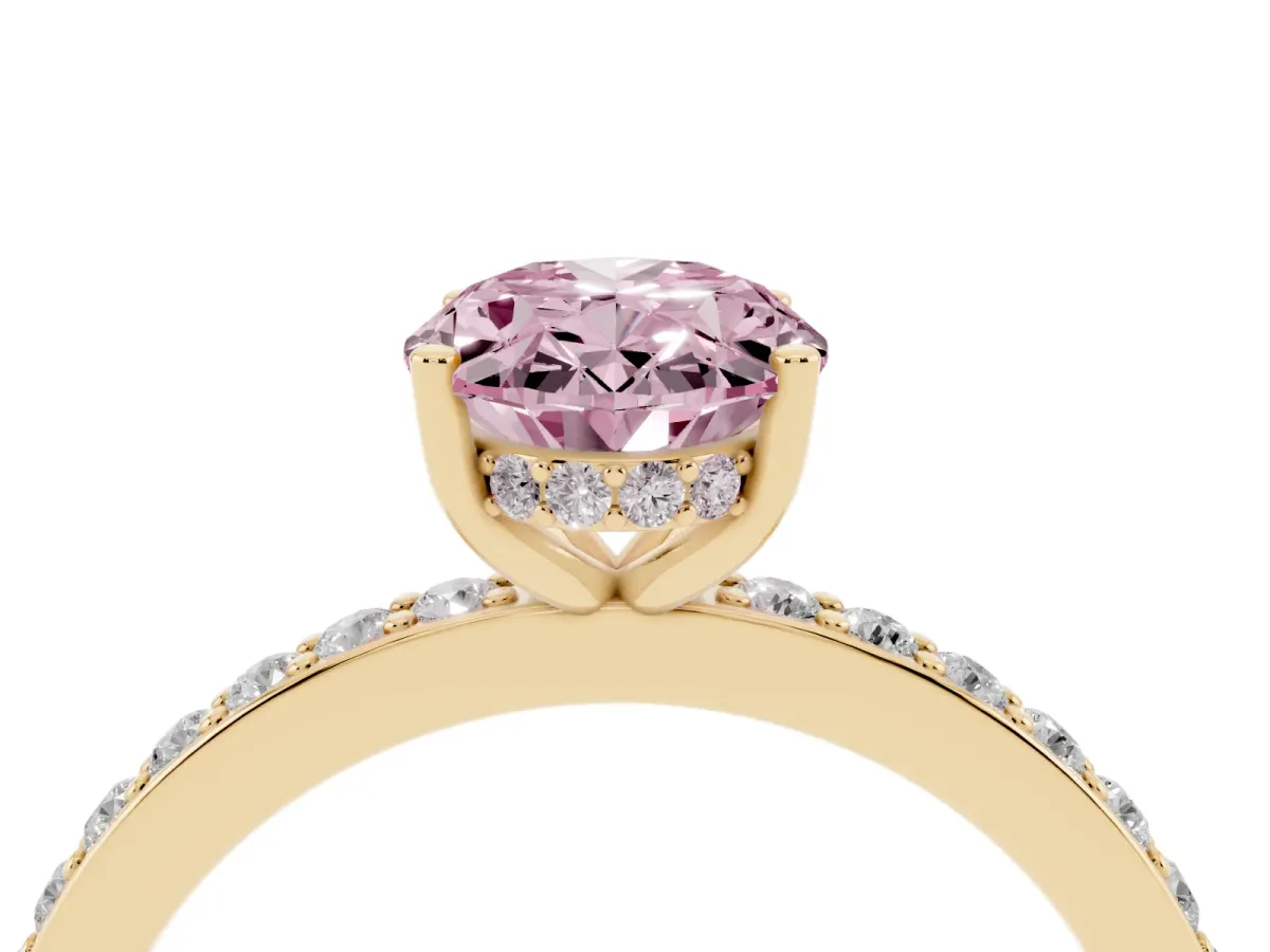 Fancy Pink Oval Cut Cut Diamond Pavé Band Ring with Four-Prong Setting Yellow gold