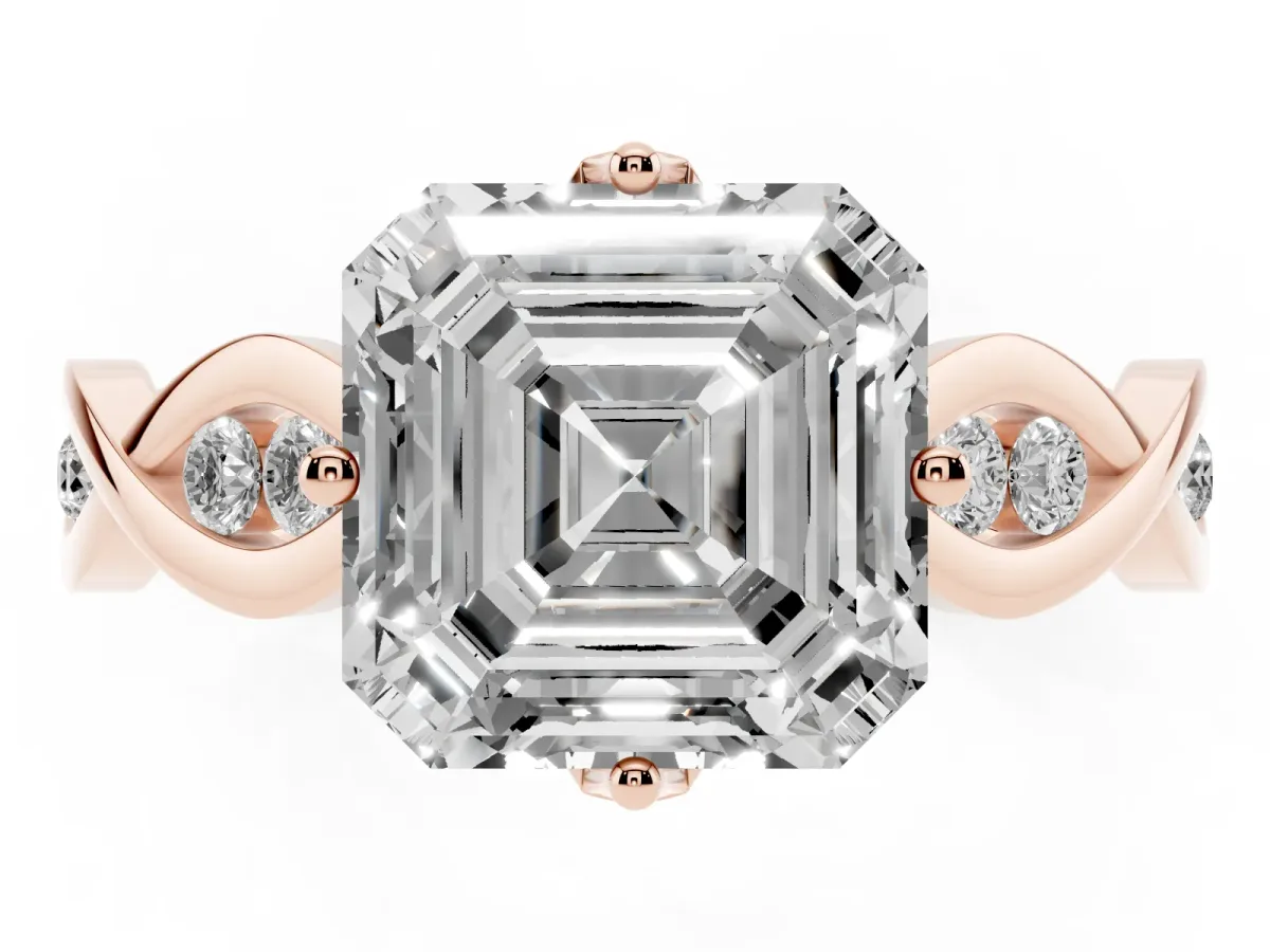 Asscher Cut Solitaire Twist Band with Leaf Prong Setting Rose gold