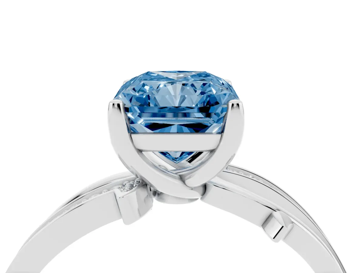 Fancy Blue Radiant Cut Solitaire Twist Band with Pavé Accents and Four-Prong Setting Silver