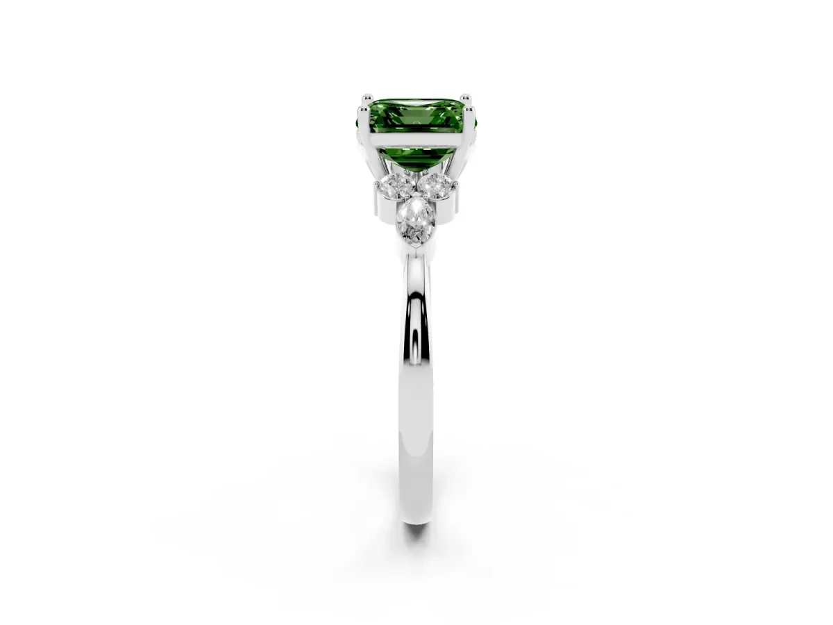 Fancy Green Asscher Cut Brilliant Diamond Solitaire Ring with Pear Side Stones and Four-Prong Setting Platinum