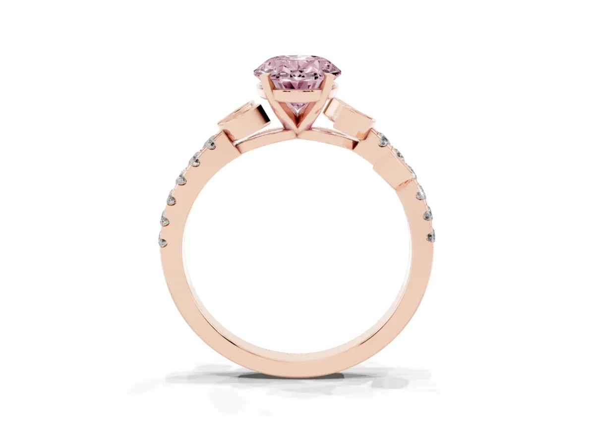 Fancy Pink Oval Cut Solitaire Leaf-Inspired Diamond Ring with Pavé Band and Four-Prong Setting Rose gold